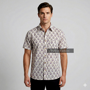 Chemise à manches courtes pour homme en coton 100% Sanganeri, imprimé à la main, motif floral violet, vêtements décontractés, vente en gros - Product Image 1