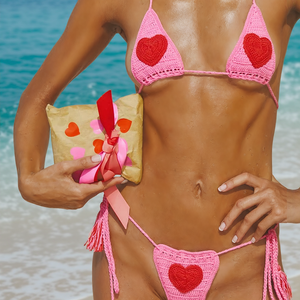 Sexy Sweet Love Heart Crochet <b>String</b> <b>Bikini</b> Set 2 Piece Swim Brief Cover Patchwork Bathing Suit with Outfit Cover up - Product Image 6