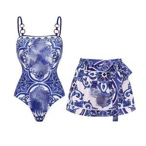 Traje de Baño de Dos Piezas para Mujer, Diseño Bandeau Hecho a Mano con Estampado de Dos Colores, Anillos, Cobertura Modesta, Conjunto con Falda y Cubrebaño, Tallas S-XL - Product Image 3