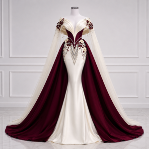 Robe de mariée de luxe en satin bordeaux ivoire, coupe épaule, taille naturelle, longueur ras du sol, traîne balayante, broderie florale - Product Image 3