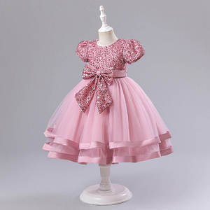 Vestido de niña de las flores al por mayor, rosa con lentejuelas, mangas abullonadas, lazo grande, falda de tul en capas, elegante vestido de princesa para cumpleaños, transpirable - Product Image 2