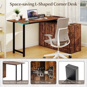 <b>Rustic</b> Brown Reversible L Shaped Home Office <b>Desk</b> with Charging Station Drawers and File Cabinet - Product Image 5