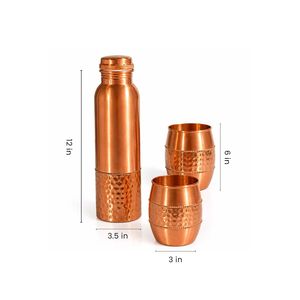 Bouteille d'eau en cuivre martelé double finition, classique, avec 2 verres réutilisables, pour voyage, maison, bureau, col arrondi, ensemble portable - Product Image 4