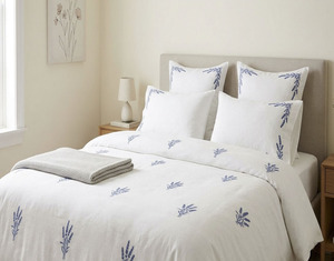 Custom Wholesale Embroidery Lavender Flower Duvet Cover Sets White Cotton Machine-washable <b>Bedding</b> Sets Home Hotel Wedding - Product Image 2