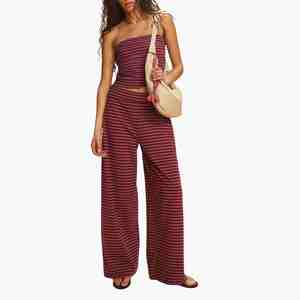 High Quality Sleeveless Top Wide Leg Pants Casual Loose Fit Women Striped Two-Piece <b>Set</b> Spring Summer Knitted Cotton Spandex <b>Set</b> - Product Image 1