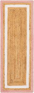 Tapis de couloir fait main en jute naturel rose et blanc avec bordure, pour cuisine, couloir, entrée, décoration intérieure - Product Image 2