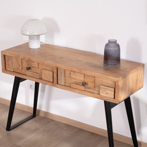 Vandana Royal Texture <b>Console</b> <b>table</b> with 2 drawers in acacia wood with <b>black</b> metal legs, airy and modern design Puzzle - Product Image 5