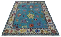 Tapis persan Oushak élégant bleu clair noué à la main, abstrait, en laine/soie, 1 pièce, adapté aux animaux domestiques, antidérapant, très durable, pour salon