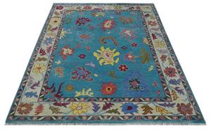 Tapis Oushak bleu clair élégant noué à la main, tapis abstrait en laine, 1 pièce, adapté aux animaux domestiques, antidérapant, très résistant, pour salon et maison - Product Image 6