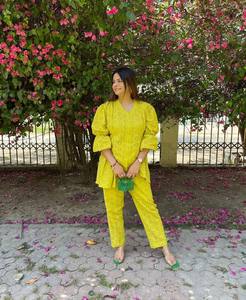 Ensemble haut et pantalon pour femme, couleur unie, col en V, manches évasées, tenue longue en 2 pièces, vêtements décontractés d'été - Product Image 2