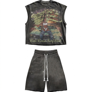 260 GSM French Terry Sleeveless <b>T</b> Shirt and Shorts Set Heather Grey DTF Print Custom Logo Sleeveless shirt and Shorts Set - Product Image 3