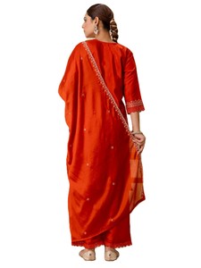 Salwar Kameez en soie rouge pour femmes, tenue traditionnelle indienne pakistanaise brodée, coupe ample, longueur cheville, style marocain, pour mariage - Product Image 4