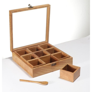 Boîte à épices en bois artisanale avec couvercle en verre, 9 compartiments, organiseur Masala Dabba pour le rangement de la cuisine, écologique - Product Image 1