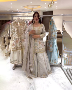 ชุดสูทชาราราปากีสถานแบบหนักดีไซน์เนอร์ผ้าชินอนสวยพร้อมลำดับชุดทำงานในช่วงเทศกาลฤดูหนาวดีไซน์สวมใส่สำหรับงานปาร์ตี้ - Product Image 1