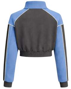 Chaqueta deportiva corta azul grisácea para mujer, con cremallera, para gimnasio, fitness, ropa deportiva, con rayas en contraste, proveedor OEM. - Product Image 2