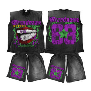 OEM 2026 Custom Logo Acid Wash Fabrics Black <b>Crop</b> <b>Top</b> Acid Wash T Shirt Sleeveless and Shorts Acid Wash Tracksuit - Product Image 3