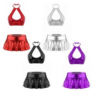Ensemble haut court en similicuir métallisé pour femmes, veste, mini-jupe à volants, pour tenue de club, cocktail, danse, entraînement, uniforme de cheerleading - Product Image 1