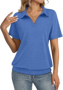 Polo de punto de manga corta rosa liso para mujer, de longitud regular, teñido liso, camiseta polo de moda, OEM ODM - Product Image 4