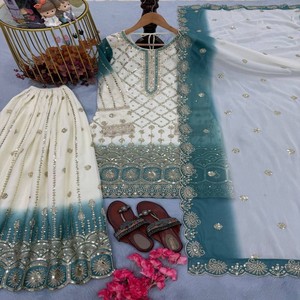 Ensemble haut, pantalon palazzo et dupatta VASTRA COTTAGE en georgette bicolore brodé, travail de sequins de 5 mm, entièrement cousu, tenue de soirée pour femme - Product Image 2