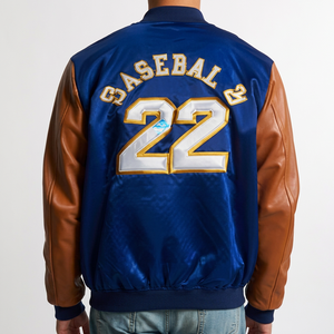 Veste de baseball bleue pour homme avec manches en cuir, patch brodé, lettrage BM52, veste bomber Letterman, vente en gros - Product Image 2