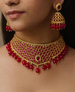22K Gold Plated Brass Ruby Bridal Jewelry Set with Vintage Indian Wedding Earrings & <b>Statement</b> <b>Necklace</b> - Product Image 2