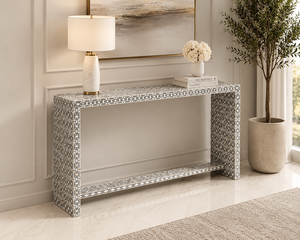 Modern Handmade Wood Console <b>Table</b> Entryway Decorative Hall <b>Table</b> with <b>Marble</b> Patterned <b>Top</b> and Open Base - Product Image 2