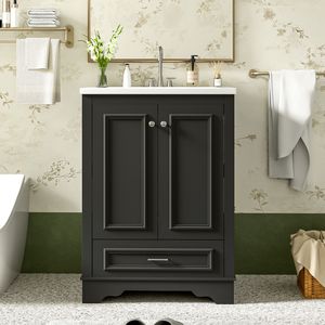 Mobile Bagno Moderno Freestanding da 24 Pollici con Lavabo in Ceramica, Mobiletto Contenitore con Chiusura Ammortizzata e Maniglie Argento - Product Image 3