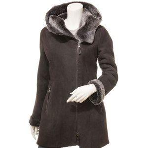 Customer Women's Winter Shearling Hooded <b>Leather</b> <b>Jacket</b> With Fur Trim Zipper Closure Full Sleeve Solid Color Thick Warm Coat - Product Image 1