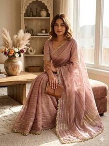 Premium Trending Stretchable Ankle-Length Saree Soft <b>Tissue</b> Silk Weaving Sequins Ribbon Fancy Lace Border Party Reversible - Product Image 4