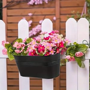 Black Oval Railing <b>Planter</b> for Balcony Indoor Outdoor Metal <b>Hanging</b> Flower Pot Garden <b>Rail</b> <b>Planter</b> - Product Image 3