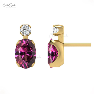 Handmade 14k Solid Gold Natural 7x5mm Oval Cut Rhodolite <b>Garnet</b> & Diamond Accent <b>Earrings</b> Wholesale Supplier From India - Product Image 2