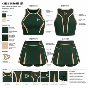 Uniforme de pom-pom girl vierge OEM vert forêt et bordure crème, tenue de performance en maille avec empiècements en maille, vente en gros - Product Image 6