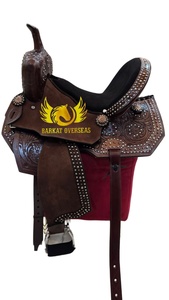 Silla de montar de cuero para caballo estilo western, marrón, personalizada, con diseño floral repujado y adornos de tachuelas, duradera, con estructura de madera, y brida para caballo, portátil, para carreras de barriles inglesas - Product Image 2