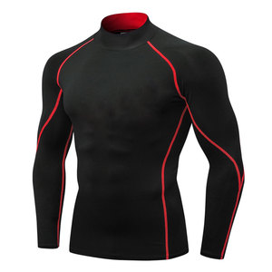 Professional Wear Unisex Long Sleeve Rash Guard <b>Black</b> Red Trim Quick Dry Polyester/Nylon 240g Front Logo Sport <b>Shirt</b> for Adults - Product Image 1