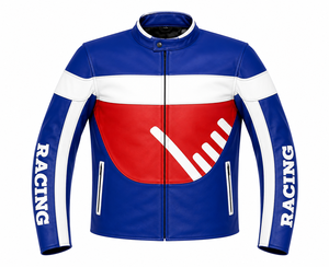 Blouson de moto en cuir AERO AFI unisexe, coloris bleu, blanc et rouge, coupe-vent, manches longues, pour la course printanière - Product Image 2