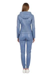 Women's Blue Hooded Moto <b>Jacket</b> with Full Zip and Pockets Regular Sleeves Windproof Unlined and Slim Fit - Product Image 2