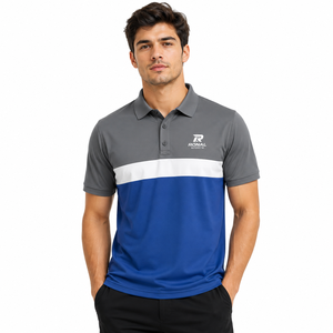 Polo Homme RONAL SPORTS à Blocs de Couleurs, Manches Courtes, Séchage Rapide, en Polyester Tricoté, Design Sportif, Logo Avant, Bleu Gris Blanc - Product Image 3