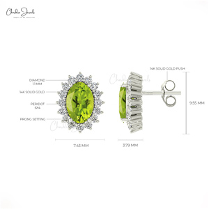 Boucles d'oreilles clous en or massif 14 carats avec péridot naturel et halo de diamants 6x4 mm, pierre de naissance d'août, fournisseur de bijoux de mariage - Product Image 2