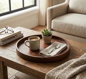 Plateau de service rond en bois écologique et portable - Plateau en bois circulaire pour la décoration de la maison et la restauration - Planche de service de cuisine faite à la main - Product Image 2