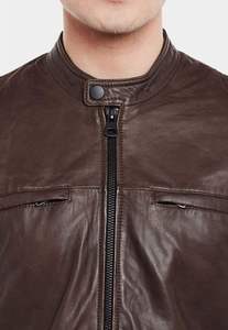 Chaqueta de Cuero 100% Piel de Oveja Genuina para Hombre, Estilo Vintage, Cuello Alto, Otoño Invierno, Logotipo Frontal, Impermeable y Transpirable - Product Image 3