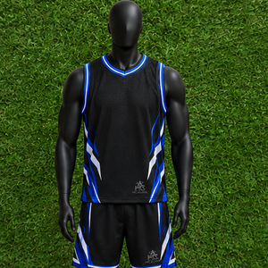 Ensemble d'uniformes de basketball unisexe les plus vendus, noir et bleu, sublimé, col en V, sans manches, anti-humidité, coupe athlétique, logo personnalisé - Product Image 1