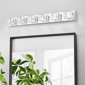Applique murale LED moderne 41 pouces à 6 lumières en cristal, élégante, chromée, pour salle de bain et chambre à coucher, avec abat-jour en cristal transparent - Product Image 3
