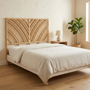 New Modern Minimalist Geometric Chevron <b>Rattan</b> Headboard <b>Bed</b> <b>Frame</b> Wood Eco-Friendly Double Queen Bedroom Furniture Upholstered - Product Image 2