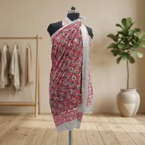 Pareo de Algodón Estampado a Mano con Flores Rosas y Borde Blanco, Ligero, Estilo Indio, para Mujer, Ropa de Playa y Resort - Product Image 6