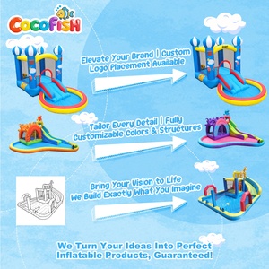Château gonflable pour enfants sur le thème de la montgolfière Cocofish, en tissu Oxford, avec toboggan, fosse à balles ronde, équipement de jeu pour fête d'enfants - Product Image 5