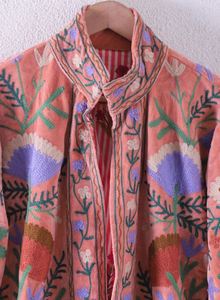 Floral Embroidery Knitted <b>Cardigan</b> Mandarin Collar <b>Long</b> Sleeve Loose Fit Boho Autumn Casual Wear Hand Embroidered Straight Hem - Product Image 5
