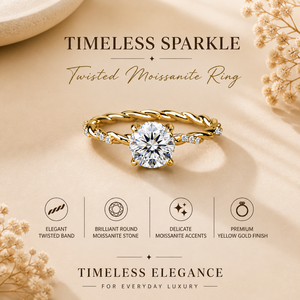 Bague de fiançailles solitaire en or jaune avec diamant moissanite rond de 2 carats et pavé torsadé - Product Image 6