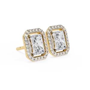 Boucles d'oreilles clous en or massif 18 carats avec diamant de laboratoire taille Radiant et micro-pavé halo, bijoux fins pour femme, accent scintillant - Product Image 2