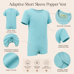 Body de Baño Aqua Blue Popper |   Ropa Sensorial Especial para Niños, Prendas Inclusivas de Manga Corta, Algodón Elástico, Adaptables, Suaves y Cómodas - Product Image 3