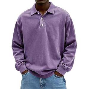 Polo vintage de haute qualité à manches longues, chemises polo à manches longues en coton délavé à l'acide, style rétro pour hommes - Product Image 5